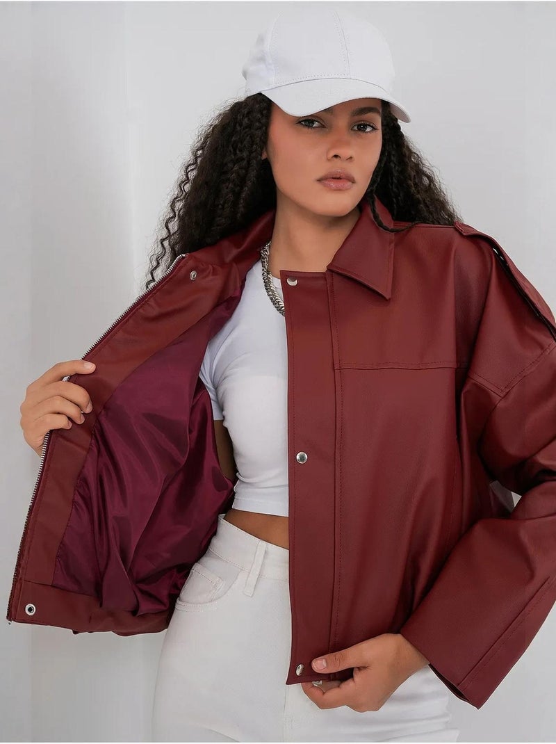 Veste zippée en similicuir avec col chemise bdart Rouge bordeaux - Kiabi