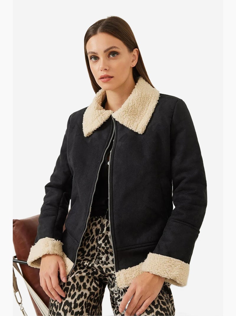 Veste zippée en suédine avec bordure en sherpa lucci Crème - Kiabi