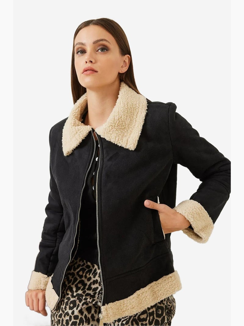 Veste zippée en suédine avec bordure en sherpa lucci Crème - Kiabi