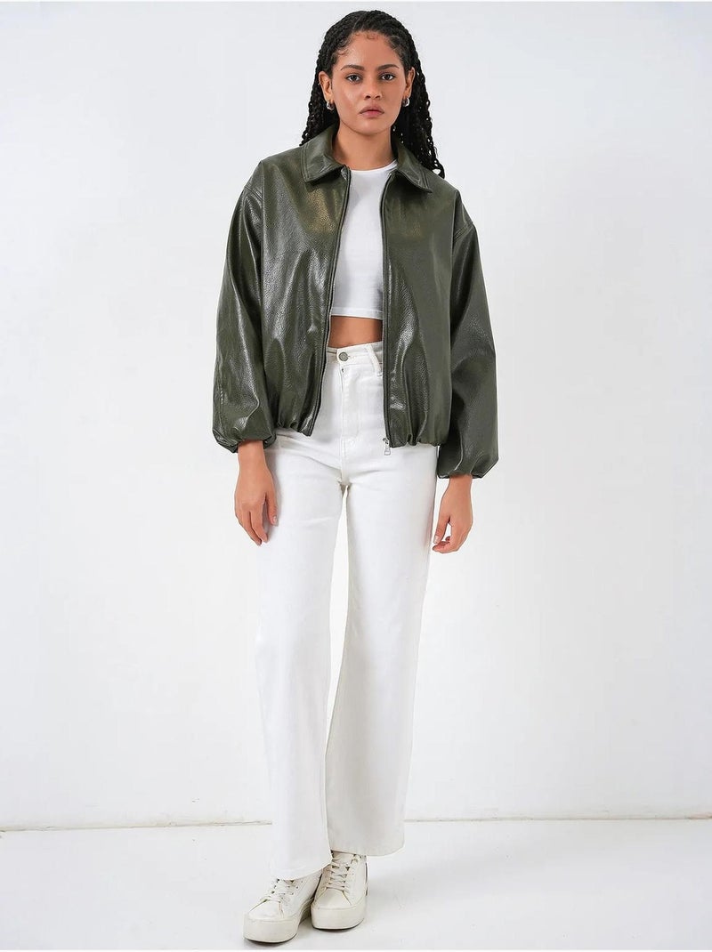 Veste zippée oversize en similicuir bdart Kaki - Kiabi