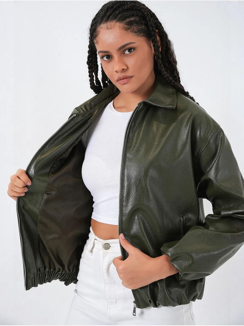 Veste zippée oversize en similicuir bdart Kaki - Kiabi