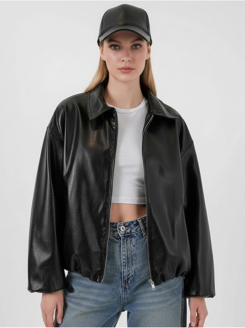 Veste zippée oversize en similicuir bdart Noir - Kiabi