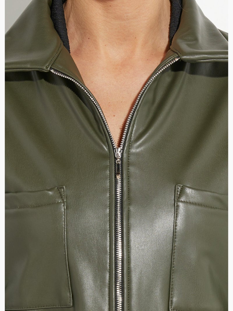 Veste zippée style motard, simili cuir - Afibel Kaki - Kiabi