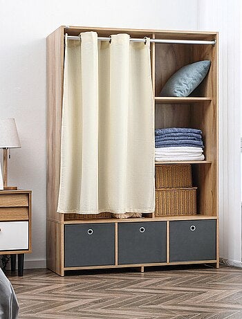 Vestiaire d'entrée avec barre de penderie 3 niches 3 tiroirs et rideau tissu