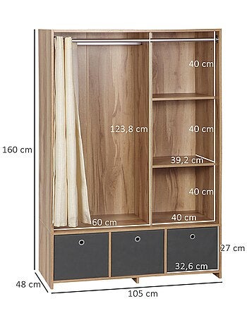 Vestiaire d'entrée avec barre de penderie 3 niches 3 tiroirs et rideau tissu