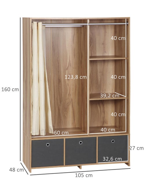 Vestiaire d'entrée avec barre de penderie 3 niches 3 tiroirs et rideau tissu - Kiabi