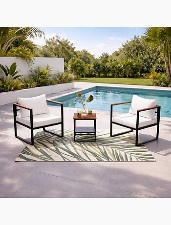 VIGO salon de jardin 2 places gris anthracite et effet bois + table