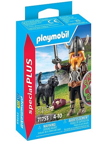 Viking avec son chien, bouclier, casque et armes