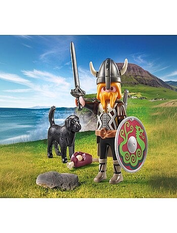 Viking avec son chien, bouclier, casque et armes