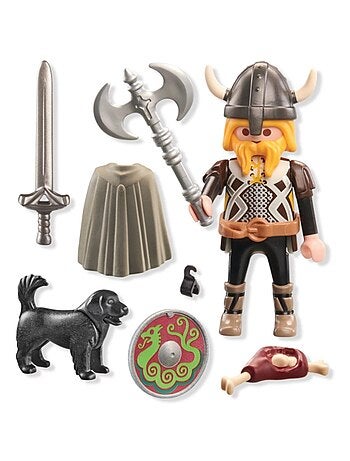 Viking avec son chien, bouclier, casque et armes