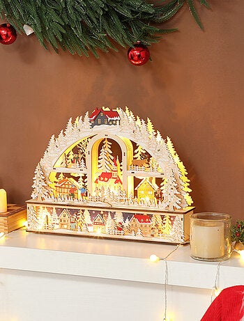 Village de Noël LED x 20 blanc chaud en bois nombreuses décorations enneigées