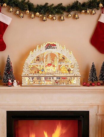 Village de Noël LED x 20 blanc chaud en bois nombreuses décorations enneigées