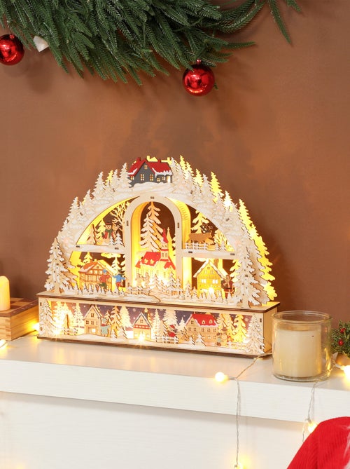 Village de Noël LED x 20 blanc chaud en bois nombreuses décorations enneigées - Kiabi