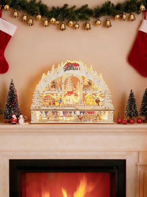 Village de Noël LED x 20 blanc chaud en bois nombreuses décorations enneigées - Kiabi