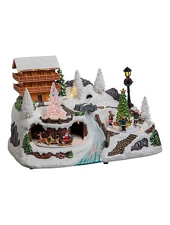 Village de Noël lumineux et animé avec chalet