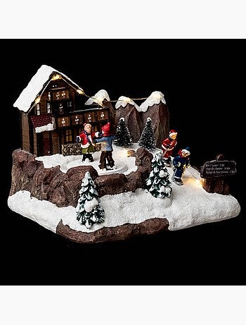 Village lumineux chalet et patineurs 9 led à mouvement valka