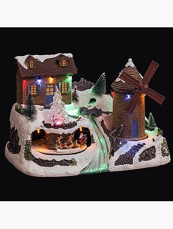 Village lumineux moulin à vent et père noël musical à mouvement 15 led