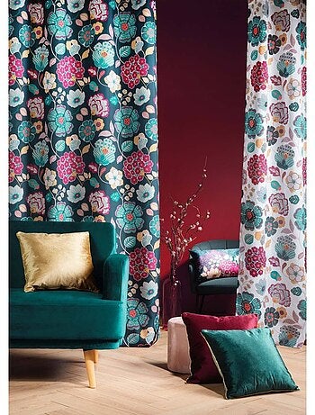 Voilage à œillets 140x240 sable imprimé Winteria bleu