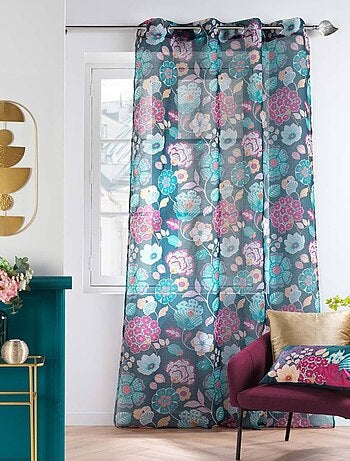 Voilage à œillets 140x240 sable imprimé Winteria bleu