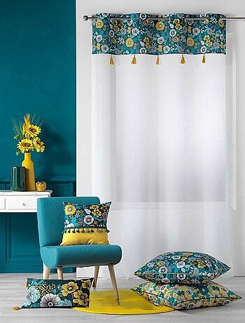 Voilage à œillets 140x240 sable top imprimé pompon Bohoflora bleu