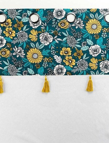 Voilage à œillets 140x240 sable top imprimé pompon Bohoflora bleu