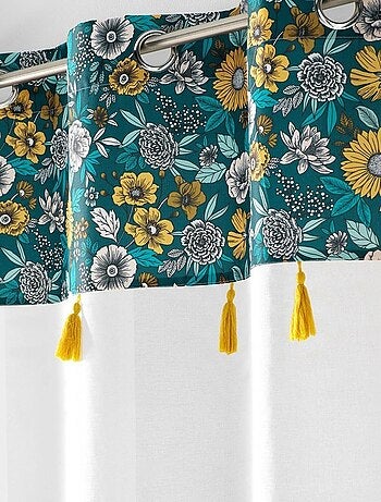 Voilage à œillets 140x240 sable top imprimé pompon Bohoflora bleu