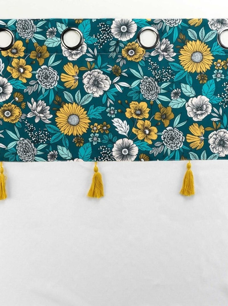 Voilage à œillets 140x240 sable top imprimé pompon Bohoflora bleu Bleu - Kiabi