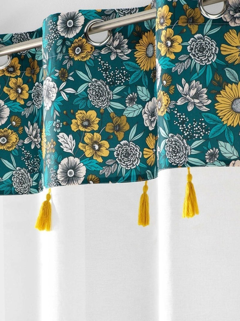 Voilage à œillets 140x240 sable top imprimé pompon Bohoflora bleu Bleu - Kiabi