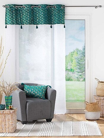 Voilage à œillets 140x240 sable top velours pompons Evie bleu