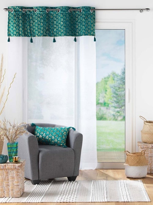 Voilage à œillets 140x240 sable top velours pompons Evie bleu - Kiabi