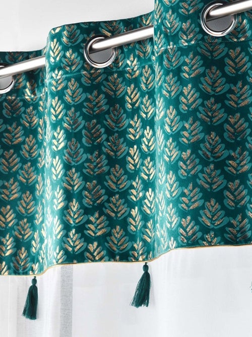 Voilage à œillets 140x240 sable top velours pompons Evie bleu - Kiabi