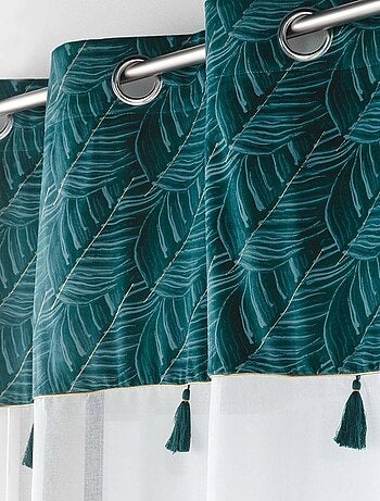 Voilage à œillets 140x240 sable top velours pompons Palmina bleu
