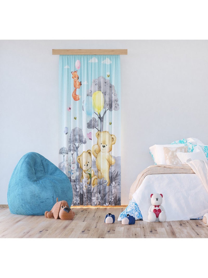 Voilage Animaux de la foret - ourson, renard, lapin en noir et blanc - 1 pièce - L 140 cm x H 245 cm Multicolore - Kiabi