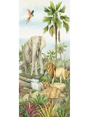 Voilage Animaux de la jungle - Éléphant, lion, perroquet en couleur - 1 pièce - L 140 cm x H 245 cm