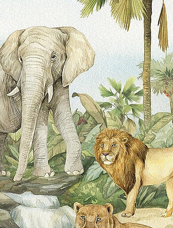 Voilage Animaux de la jungle - Éléphant, lion, perroquet en couleur - 1 pièce - L 140 cm x H 245 cm