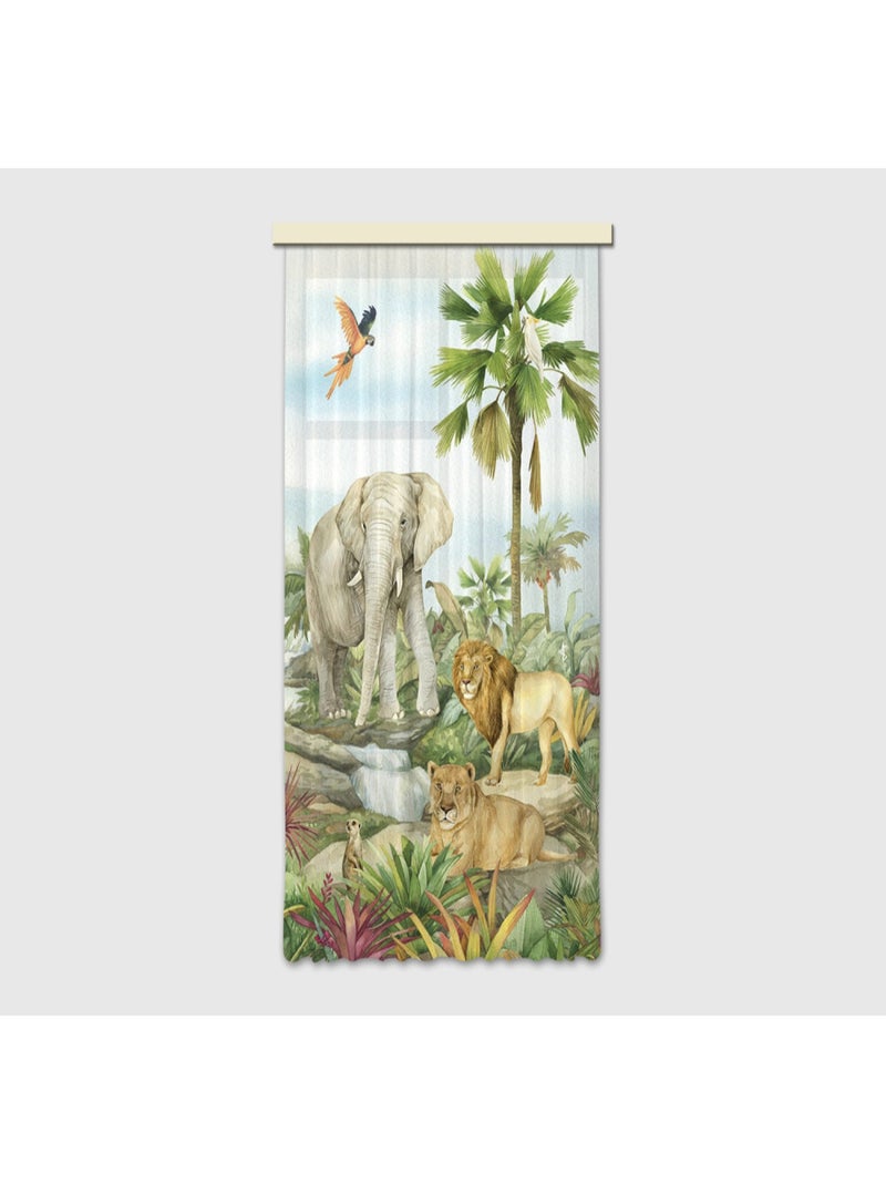 Voilage Animaux de la jungle - Éléphant, lion, perroquet en couleur - 1 pièce - L 140 cm x H 245 cm Multicolore - Kiabi