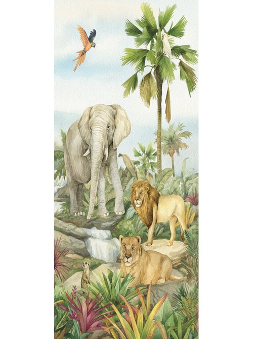 Voilage Animaux de la jungle - Éléphant, lion, perroquet en couleur - 1 pièce - L 140 cm x H 245 cm - Kiabi