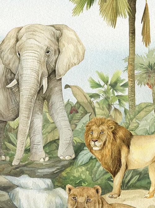 Voilage Animaux de la jungle - Éléphant, lion, perroquet en couleur - 1 pièce - L 140 cm x H 245 cm - Kiabi