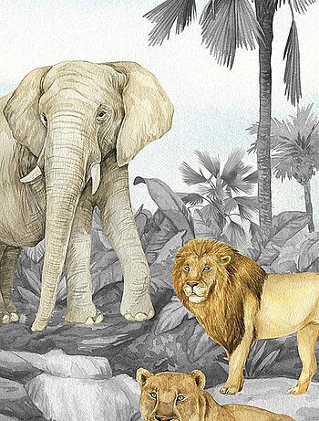 Voilage animaux de la jungle en noir et blanc - 1 pièce 140 cm x 245 cm