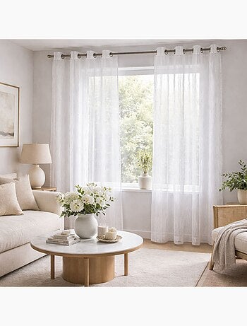 Voilage blanc motifs ondulés brodés