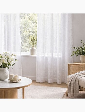 Voilage blanc motifs ondulés brodés