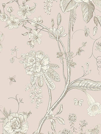 Voilage fleurs blanches sur fond rose - 1 pièce - L 140 cm x H 245 cm