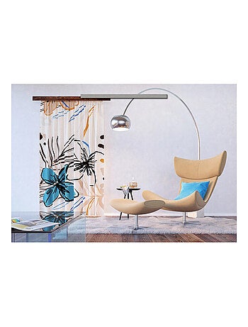Voilage fleurs bleues et fougère sur fond beige - 1 pièce - L 140 cm x H 245 cm