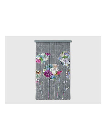 Voilage fleurs minimaliste sur fond gris - 1 pièce - L 140 cm x H 245 cm
