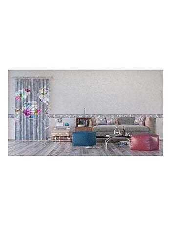 Voilage fleurs minimaliste sur fond gris - 1 pièce - L 140 cm x H 245 cm