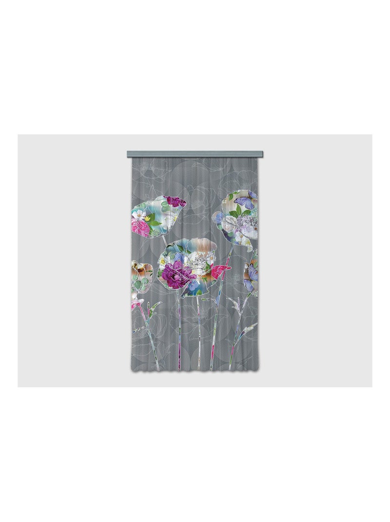 Voilage fleurs minimaliste sur fond gris - 1 pièce - L 140 cm x H 245 cm Multicolore - Kiabi