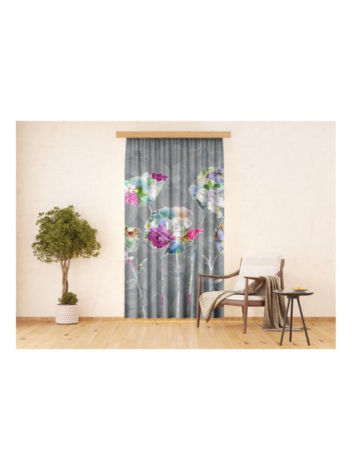 Voilage fleurs minimaliste sur fond gris - 1 pièce - L 140 cm x H 245 cm - Kiabi