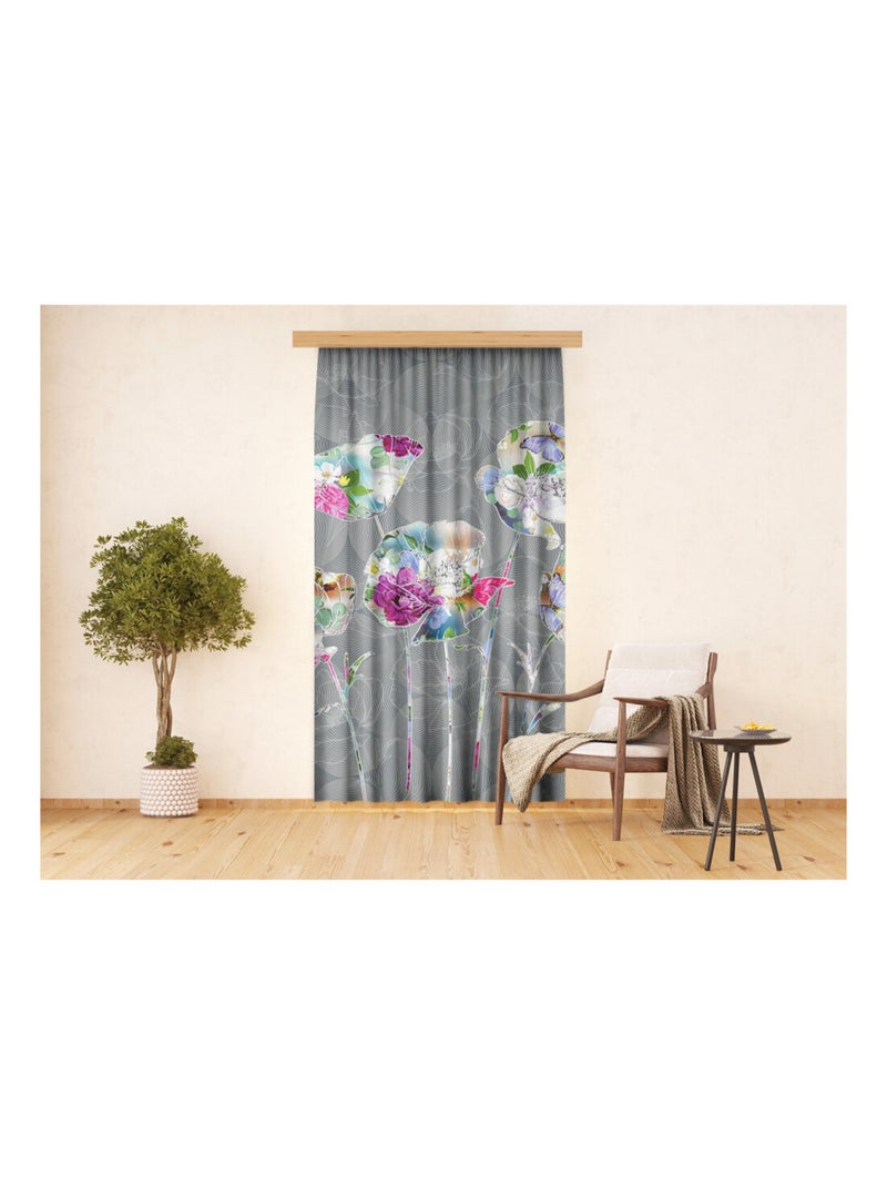 Voilage fleurs minimaliste sur fond gris - 1 pièce - L 140 cm x H 245 cm Multicolore - Kiabi
