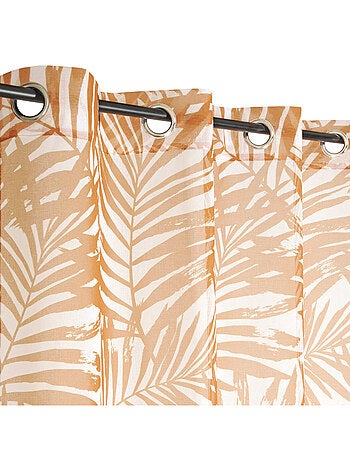 Voilage imprimé palmes à œillets 140x240cm prêt à poser, blanc et gris foncé