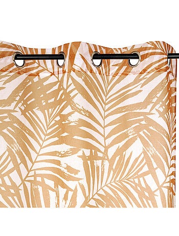 Voilage imprimé palmes à œillets 140x240cm prêt à poser, blanc et gris foncé